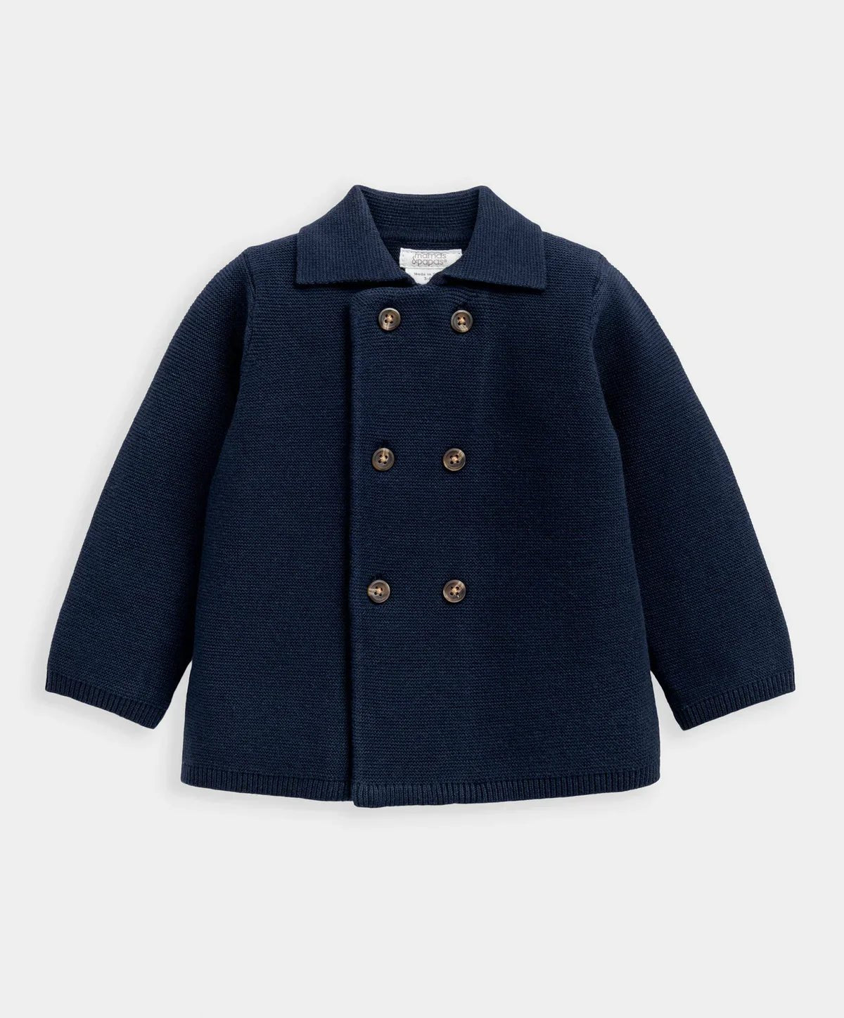 Navy knit cardigan with button front and dark collar, long sleeves