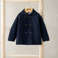 Navy double-breasted cardigan with pointed collar and long sleeves
