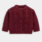 Burgundy bobble knit cardigan, textured cable pattern, ribbed collar and cuffs
