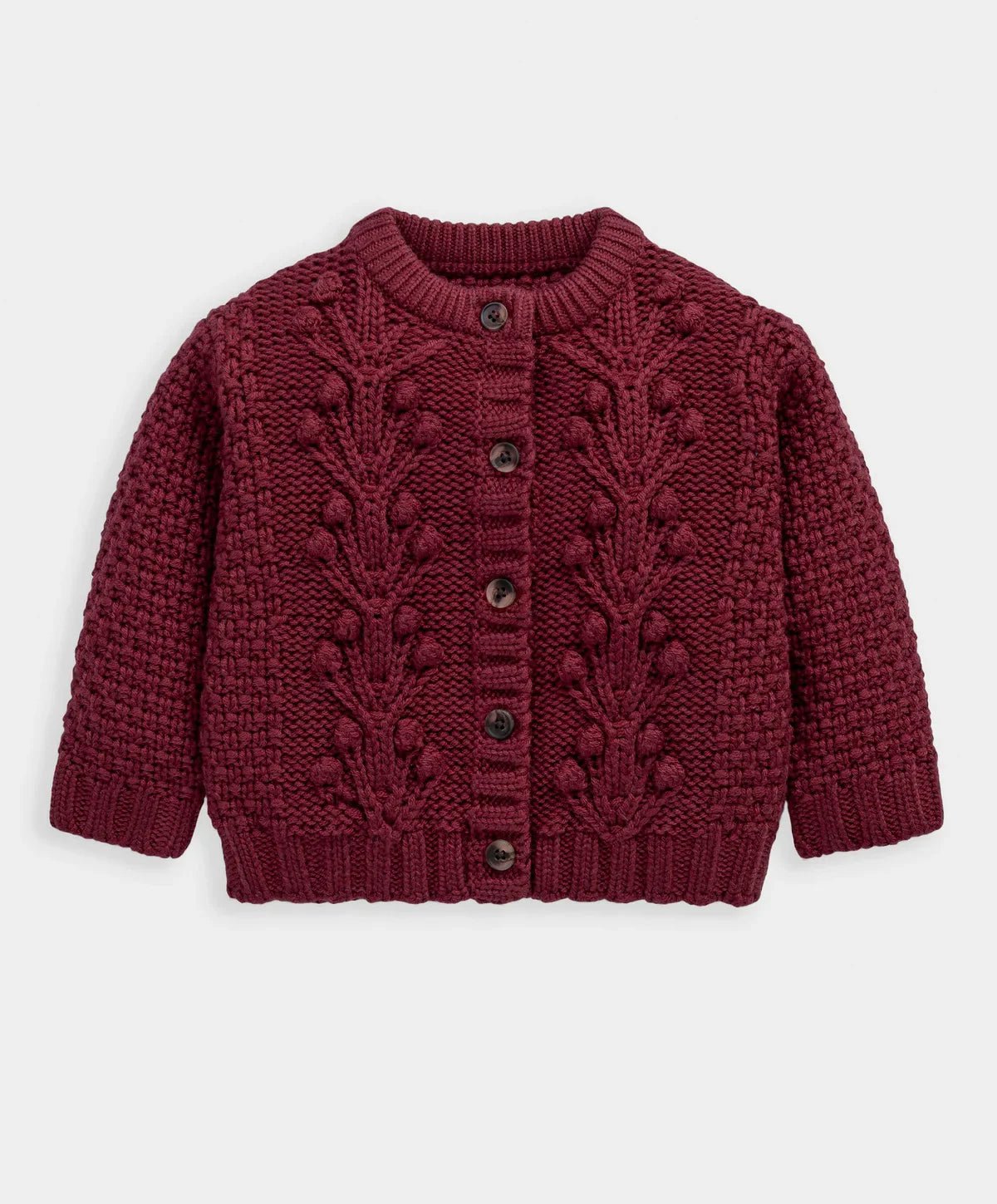 Burgundy bobble knit cardigan, textured cable pattern, ribbed collar and cuffs