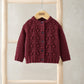 Burgundy bobble knit cardigan with round neck and button front, long sleeves
