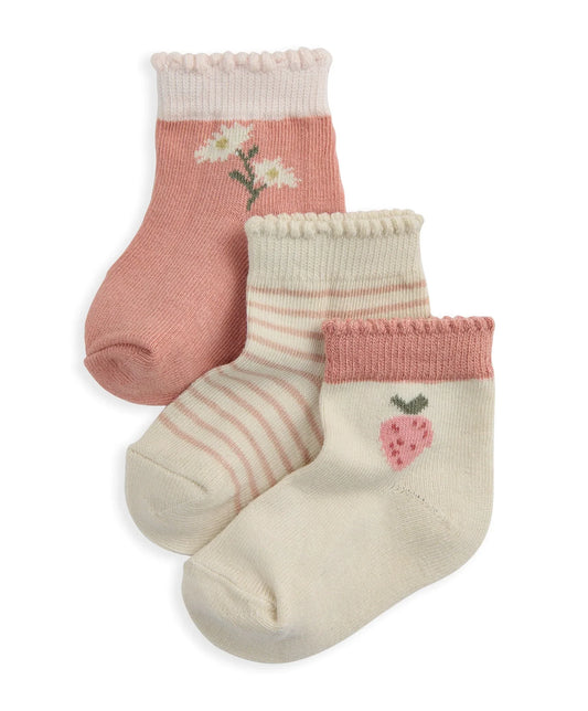 Pack of 3 baby socks: pink floral, cream striped, cream with pink heart
