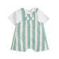 Striped short dungarees over white T-shirt, teal and white stripes with orange trim