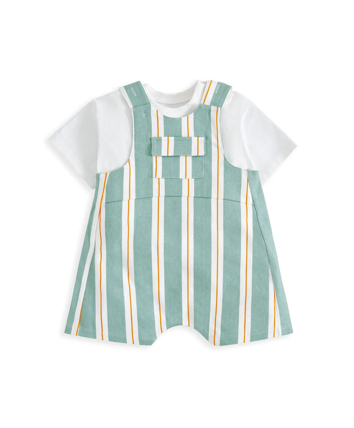 Striped short dungarees over white T-shirt, teal and white stripes with orange trim