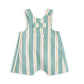 Striped short dungarees, teal and white vertical stripes with orange trim