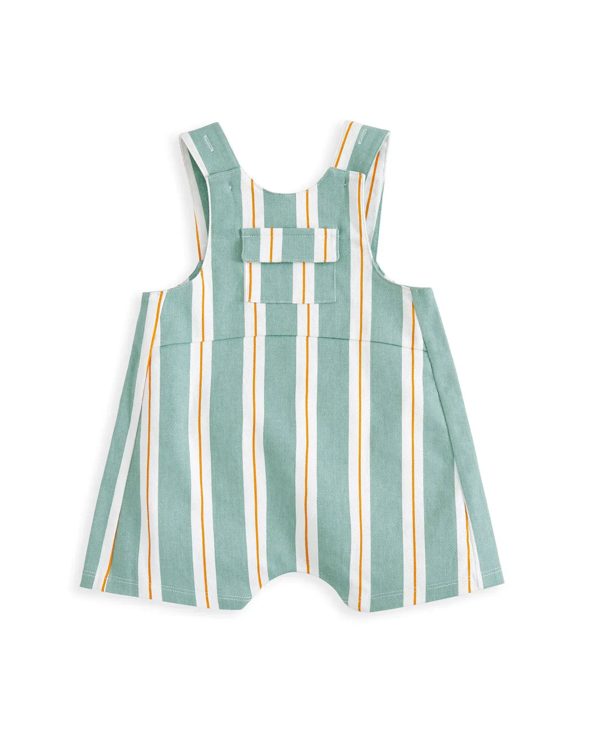 Striped short dungarees, teal and white vertical stripes with orange trim