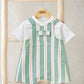 Striped short dungarees and T-shirt set, teal and white stripes with orange trim