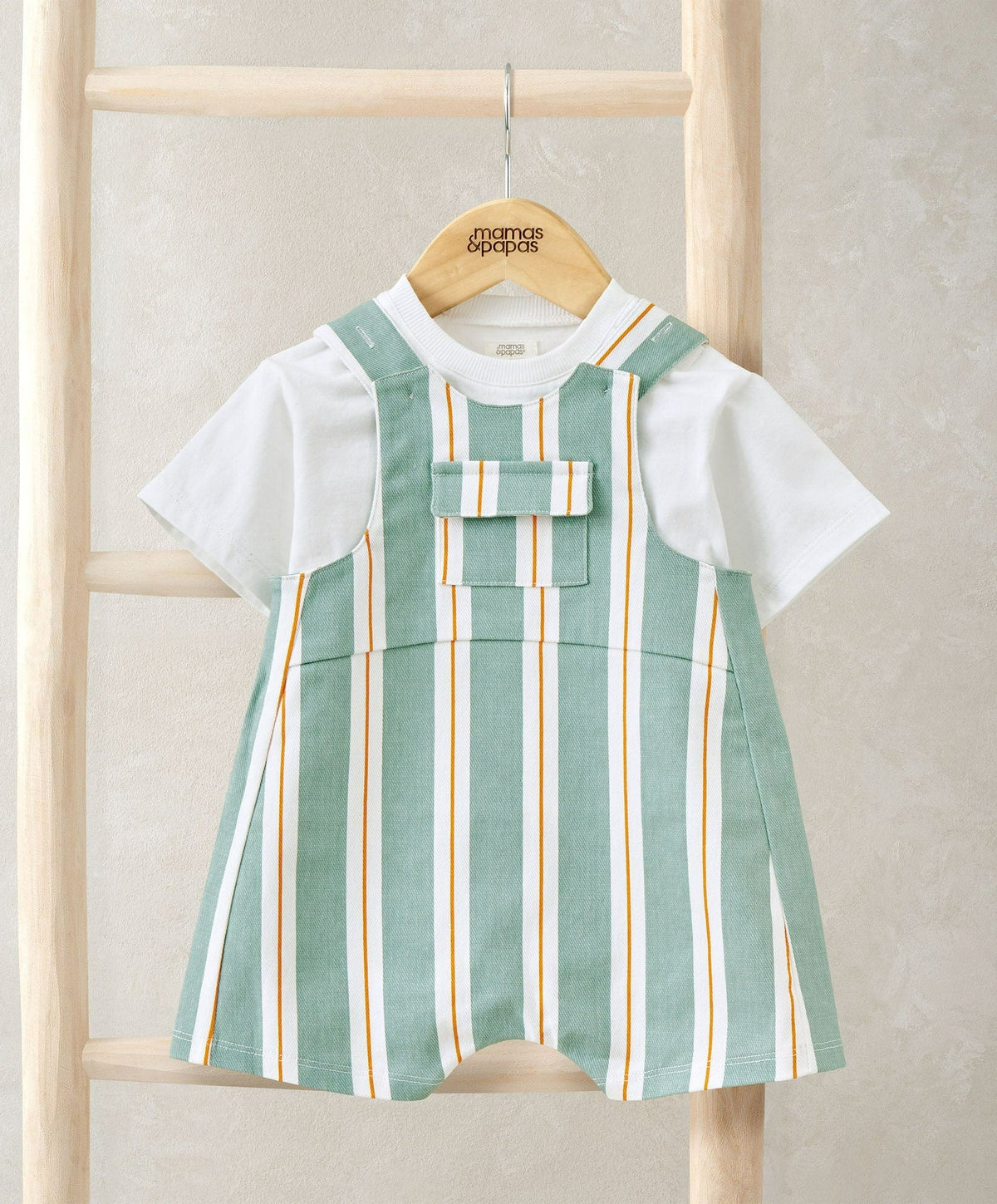 Striped short dungarees and T-shirt set, teal and white stripes with orange trim