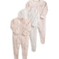 Three floral footed sleepsuits in light pink and white with long sleeves