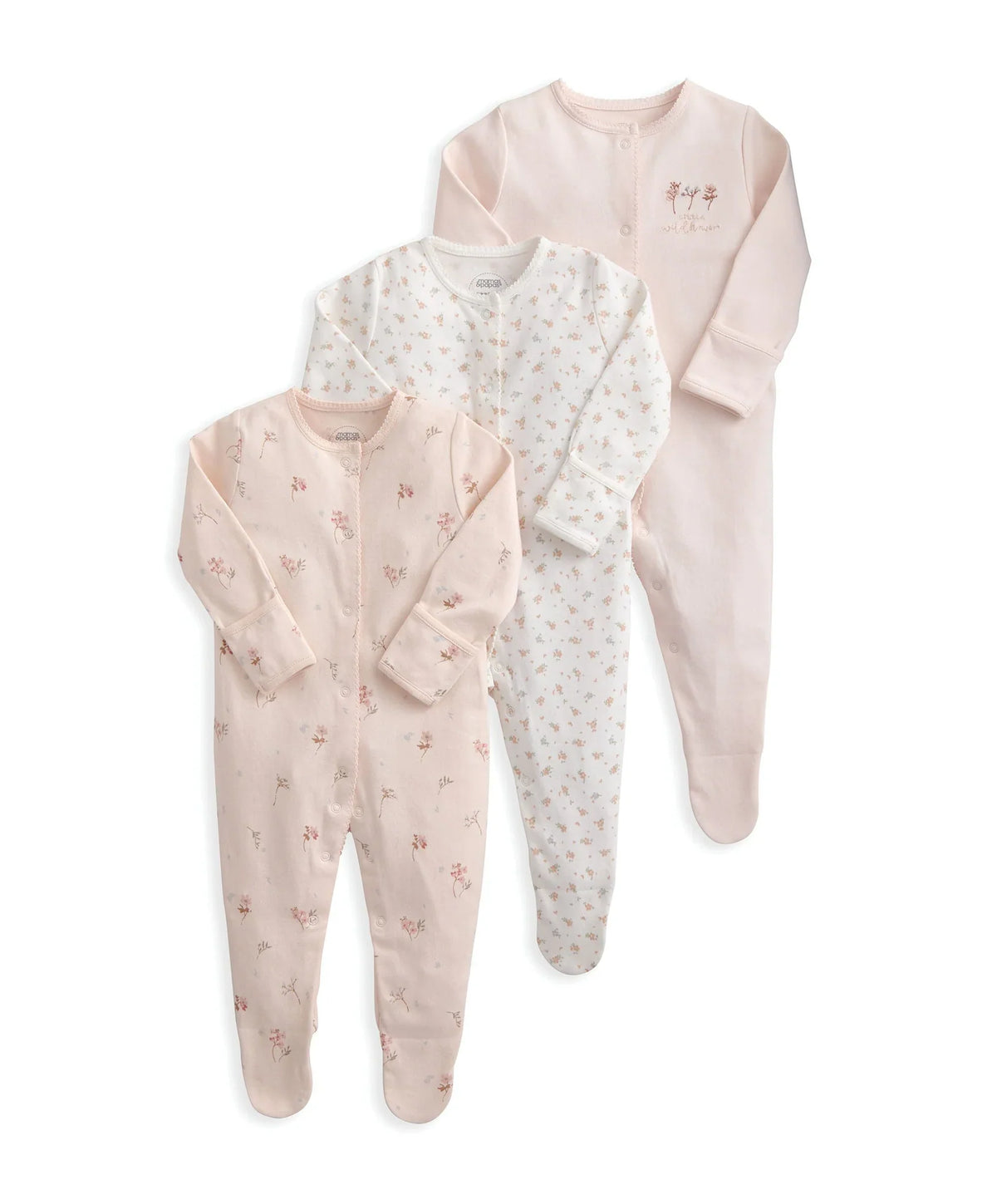 Three floral footed sleepsuits in light pink and white with long sleeves