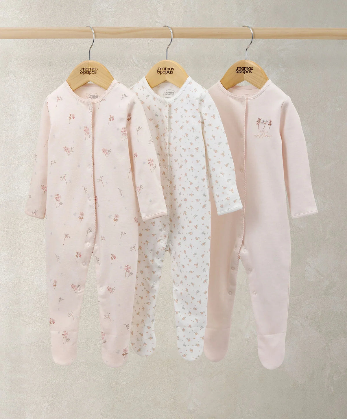 Floral sleepsuit pack of 3: light pink and white long-sleeve footed onesies