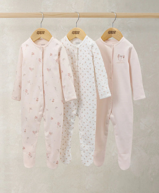 Floral sleepsuit pack of 3: light pink and white long-sleeve footed onesies