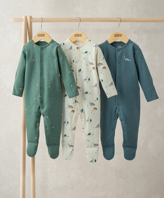 Pack of 3 dinosaur sleepsuits: teal patterned, cream allover print, blue solid dino
