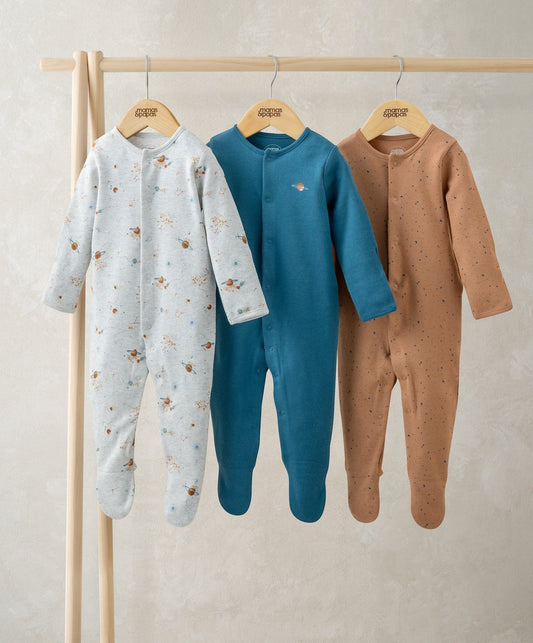 Pack of 3 planet-print sleepsuits: light, teal, and brown long-sleeve footed onesies