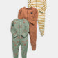 Woodland animal sleepsuit set, laid flat: green animal print, brown plain, yellow stripe