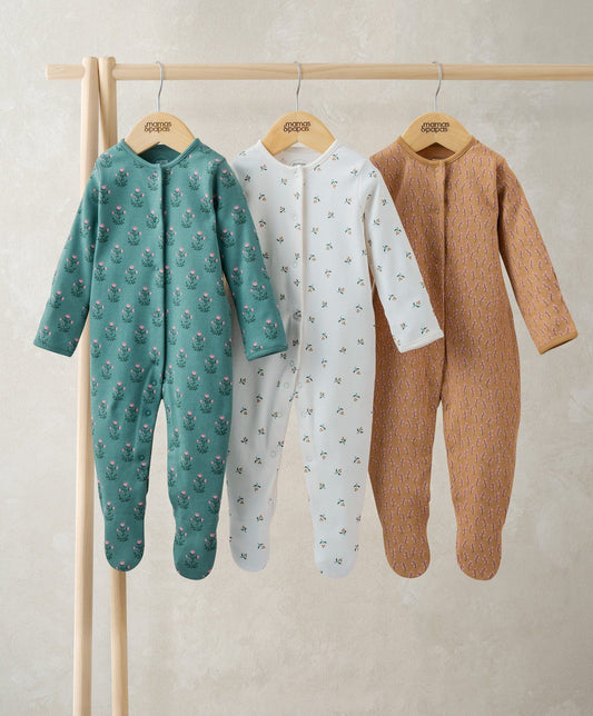 Three-piece tiled floral sleepsuit set, teal, white, and brown long-sleeve footed
