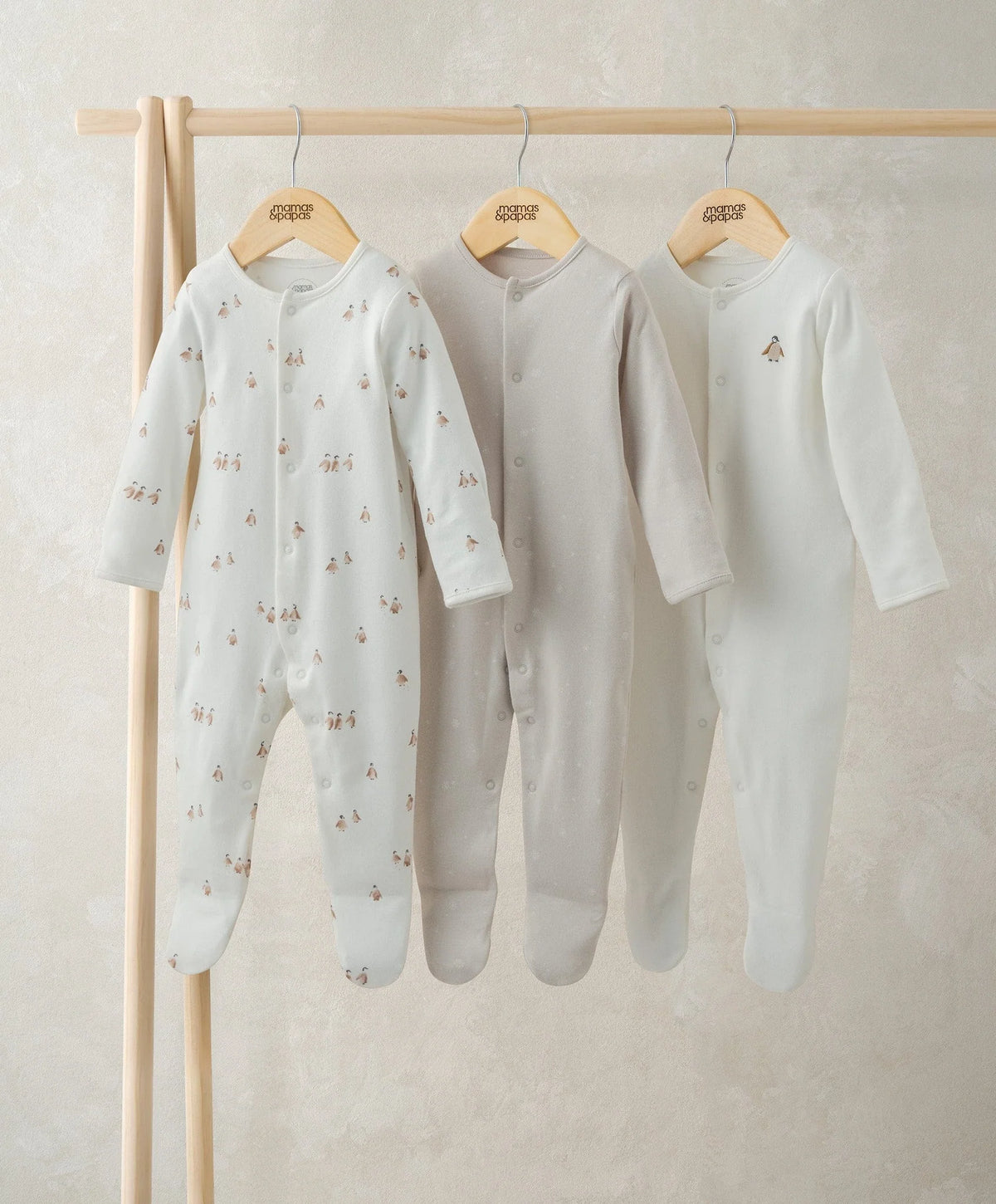 Children's sleepsuit 3-pack: patterned white, grey solid, and white with penguin print
