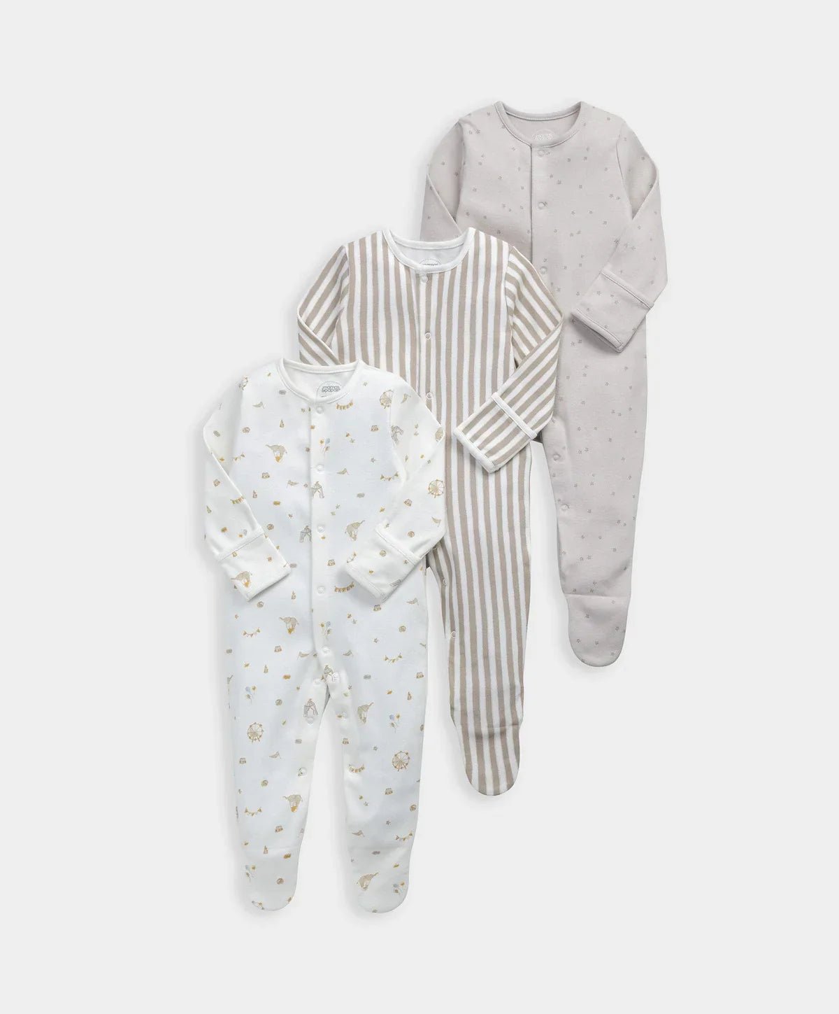 Three long-sleeve footed sleepsuits: patterned white, white-gray striped, light gray speckled