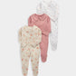Pack of three kids' sleepsuits: dusty pink plain and white floral, footed, long sleeve