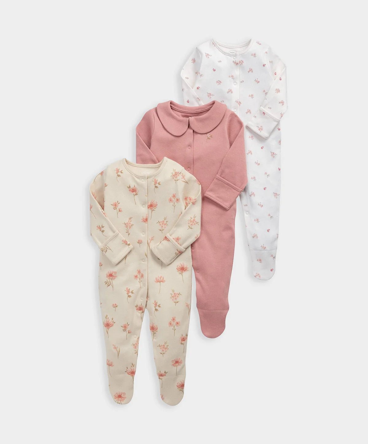 Pack of three kids' sleepsuits: dusty pink plain and white floral, footed, long sleeve