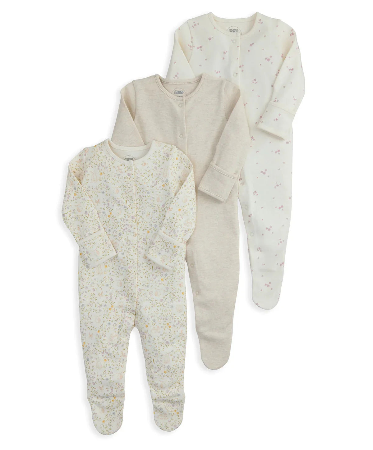 3-pack long-sleeve footed sleepsuits with allover prints and snap/button front
