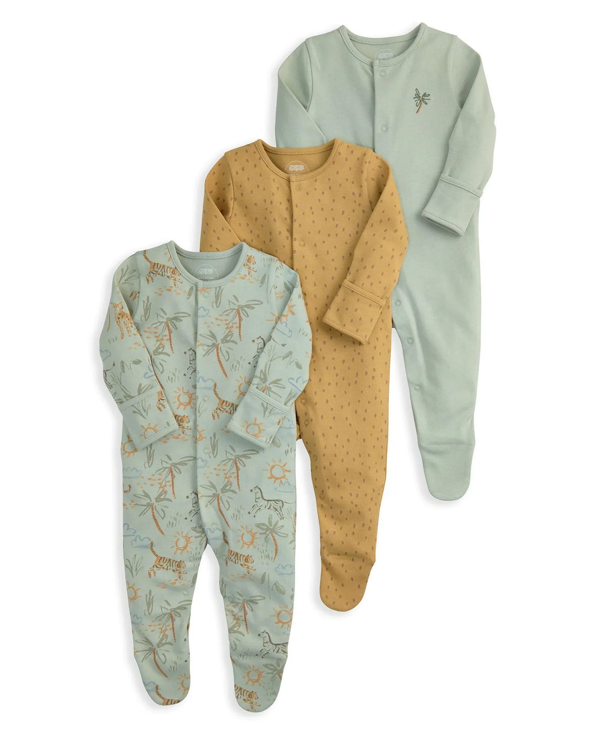 Pack of 3 baby sleepsuits: mint, tan, and blue long-sleeve footed onesies