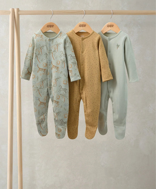Pack of 3 baby sleepsuits hanging: light blue sea print, tan dots, mint solid