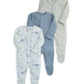 Pack of 3 whale sleepsuits: white printed, blue, and light gray, long sleeves, footed