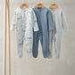 Pack of 3 whale sleepsuits in white, blue, and light gray, long sleeves, footed