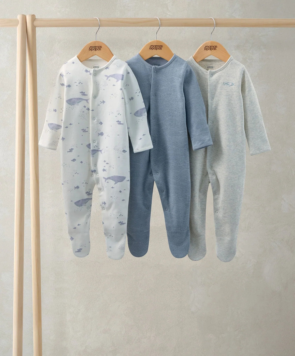 Pack of 3 whale sleepsuits in white, blue, and light gray, long sleeves, footed