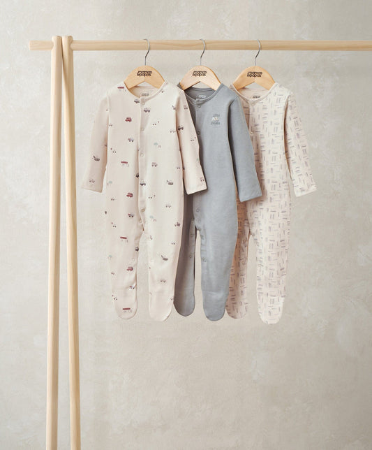 Baby sleepsuit pack: white, grey and cream all-in-one with covered feet