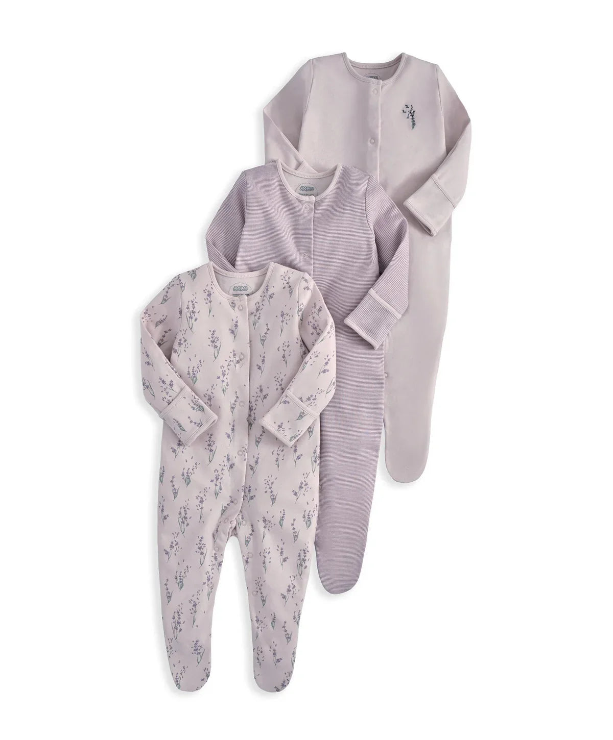 Lavendar 3-pack sleepsuits with long sleeves: solid lavender and all-over print pairs