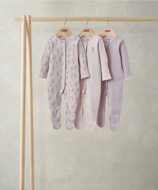 Lavendar 3-pack sleepsuits, long-sleeve footed onesies in light lavender and print