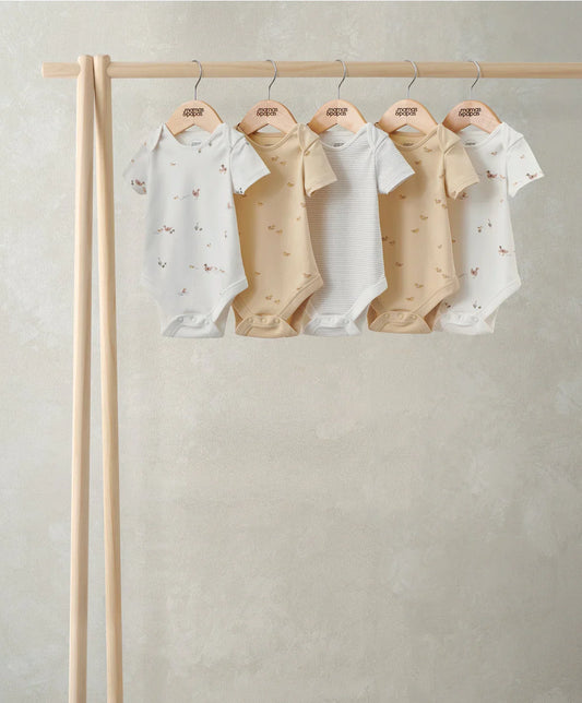 Duckling short-sleeved bodysuit pack (5), assorted colors, hanging on rack