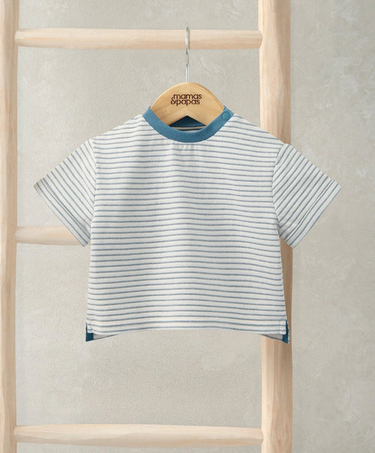 Striped smart T-shirt with light blue crew neck and horizontal navy stripes, short sleeves.