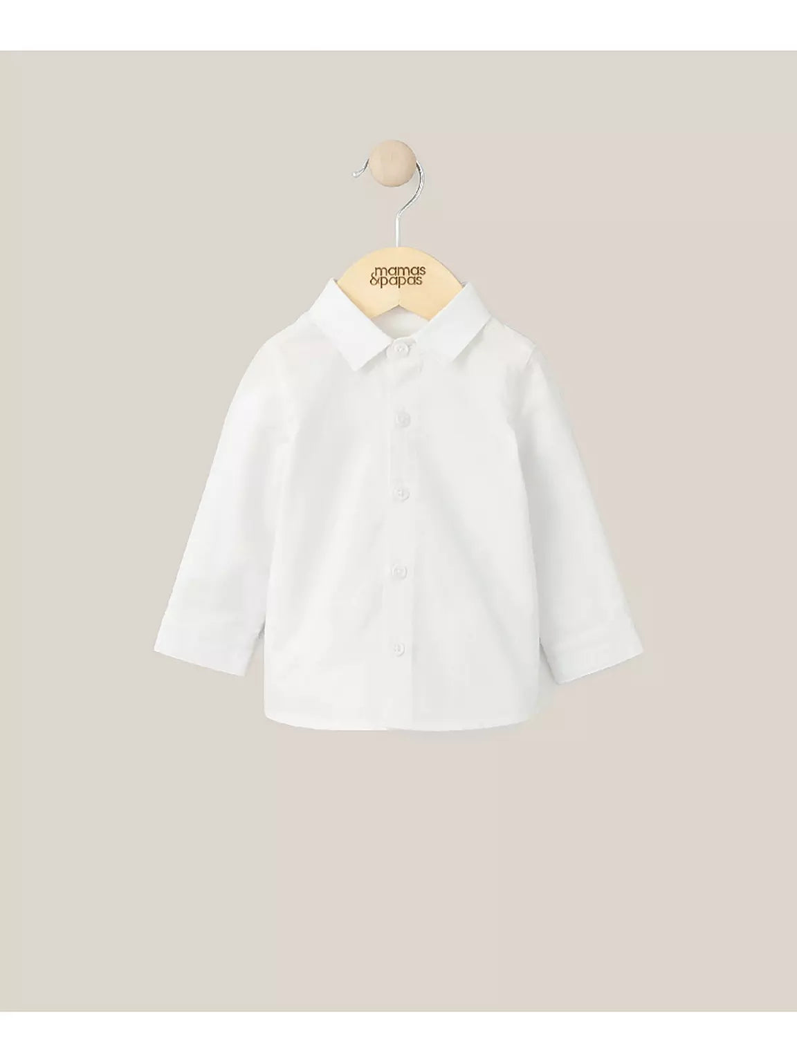 Baby boys white shirt on hanger, button front and spread collar, long sleeves
