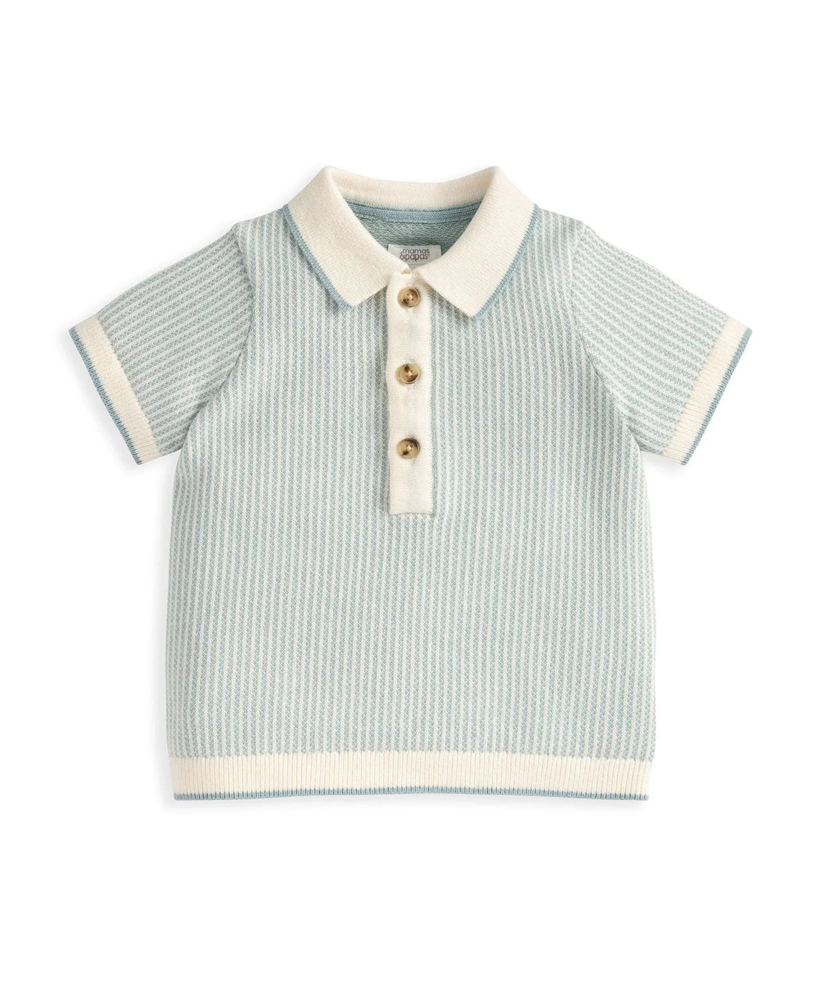 Light blue knitted polo shirt with cream ribbed collar and button placket