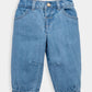 Light blue barrel-leg jeans with pockets and button waistband