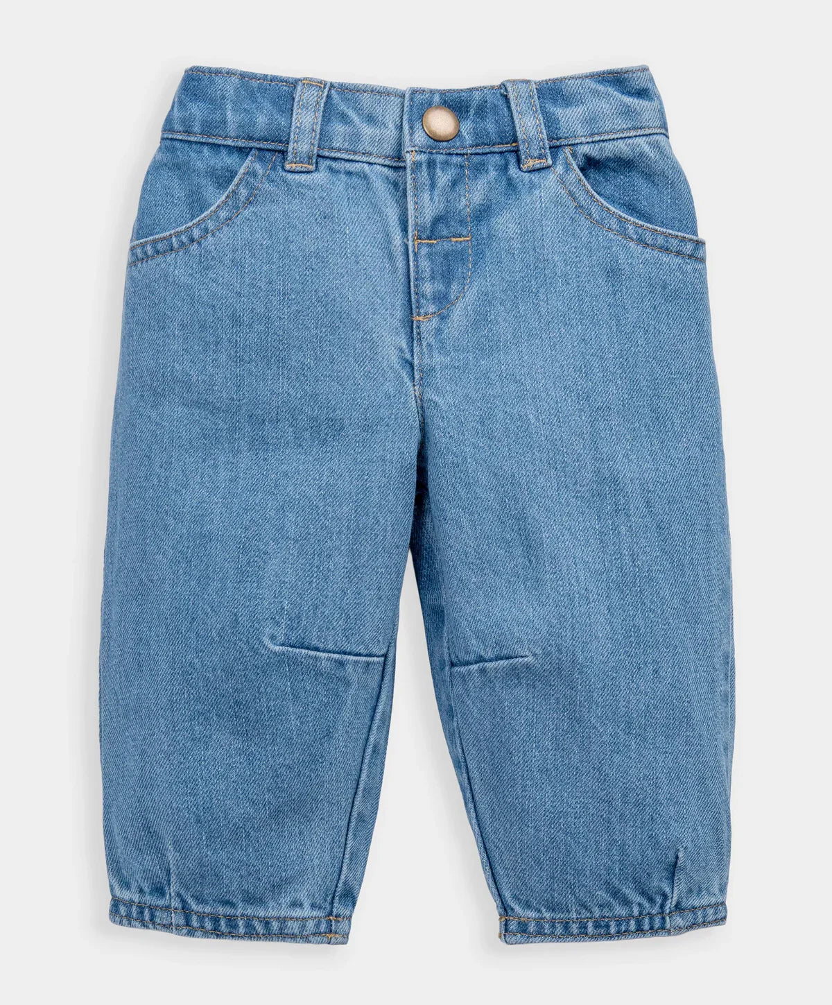 Light blue barrel-leg jeans with pockets and button waistband