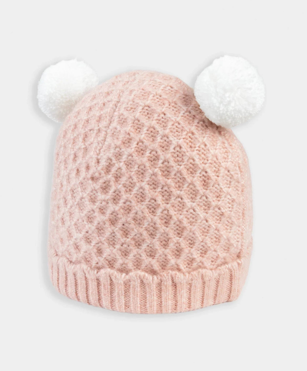 Pink textured knit beanie hat with two white pom poms