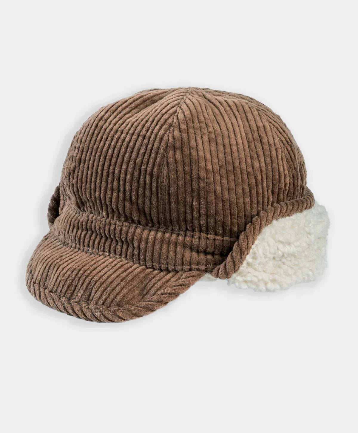 Brown trapper hat with fleece-lined earflaps and stitched ribbed crown