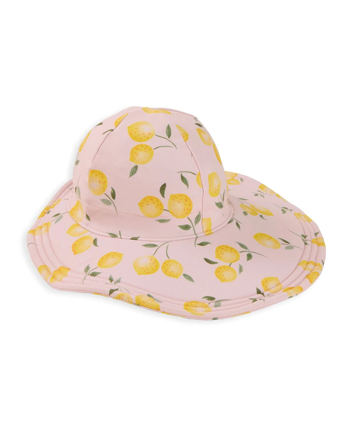 Lemon print floppy sunhat, light pink with yellow lemon pattern, curved brim