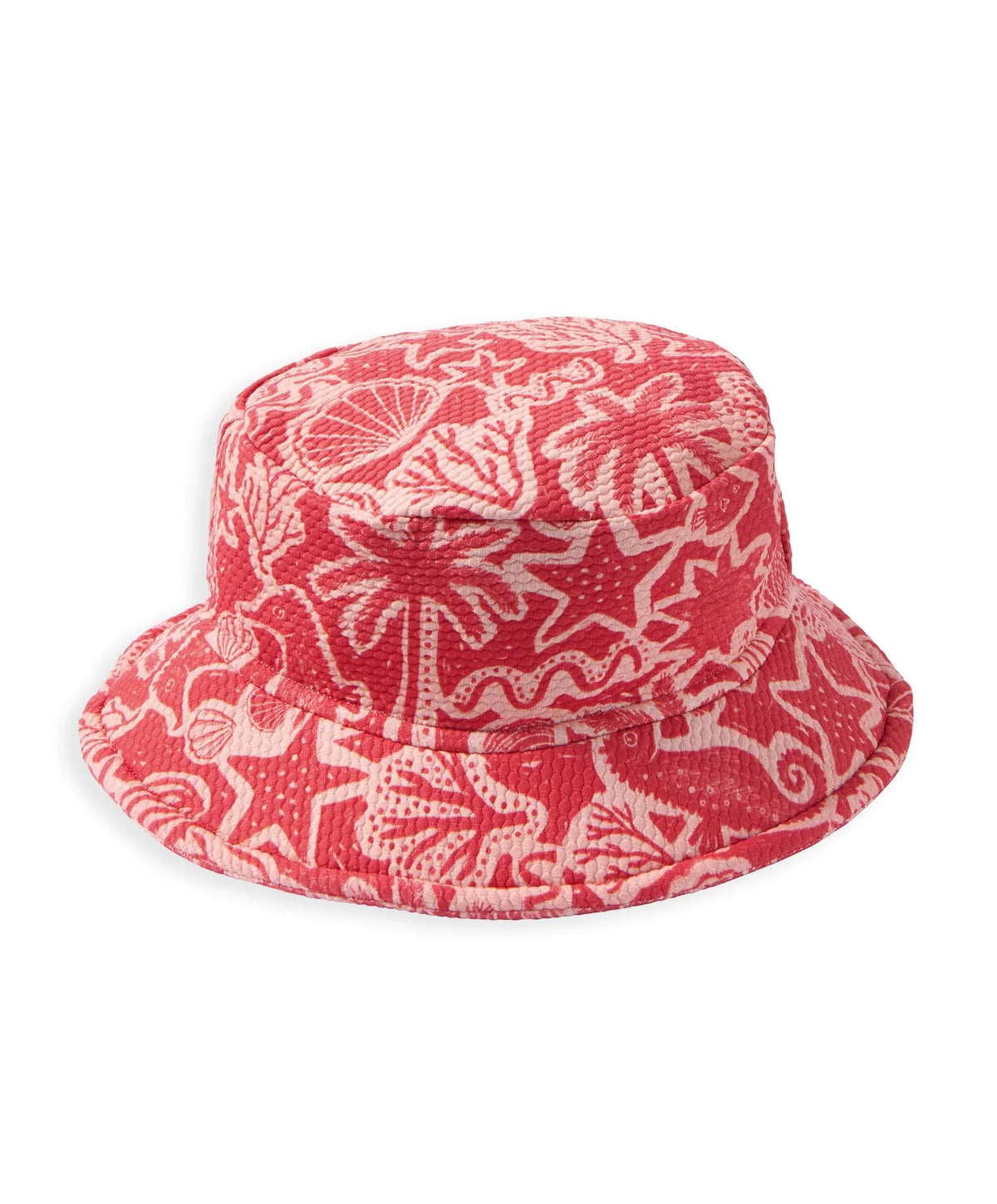 Red bucket hat with white nautical pattern, front view, wide brim