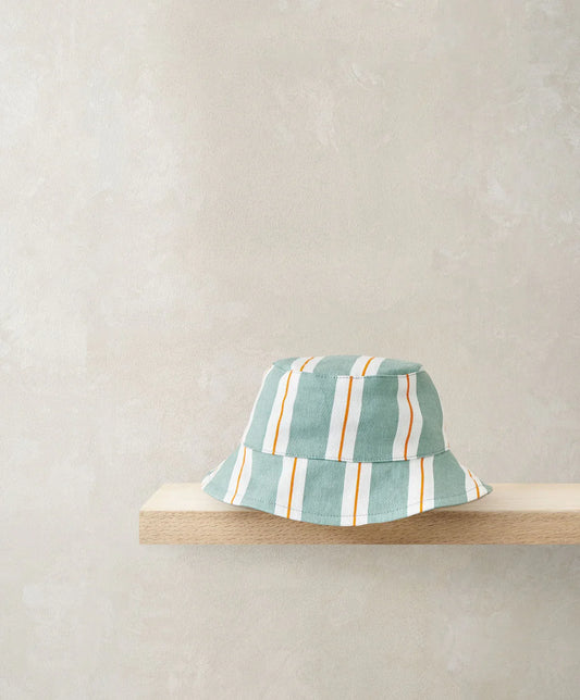 Striped bucket hat with teal and white vertical stripes, orange trim