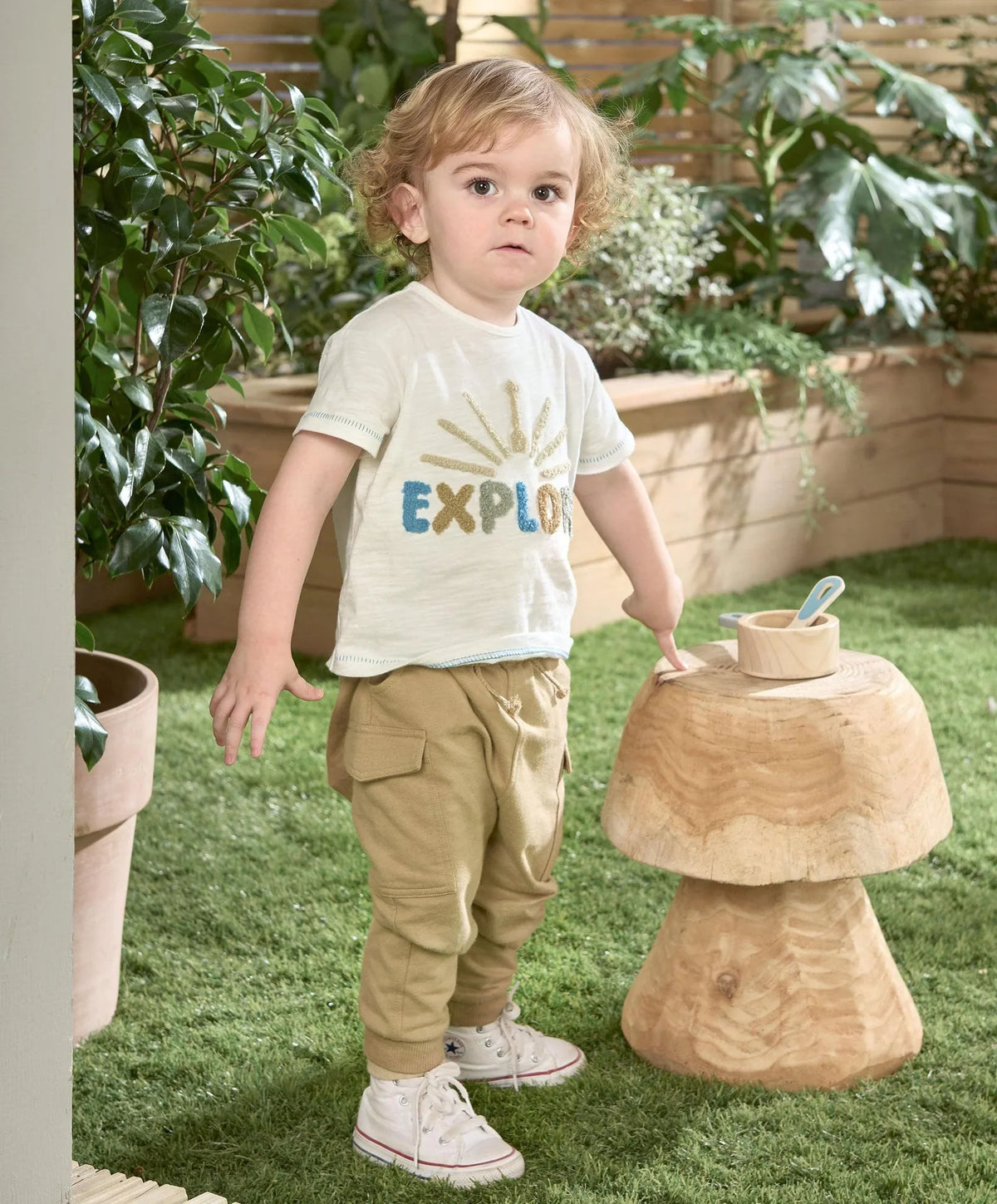 Tan utility joggers with cargo pockets and elastic cuffs