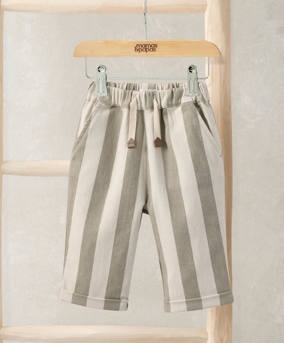Striped twill joggers with elastic waist, light gray and white vertical stripes