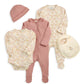 5-piece baby clothes set: floral footie, mauve outfit, pink hat, bib