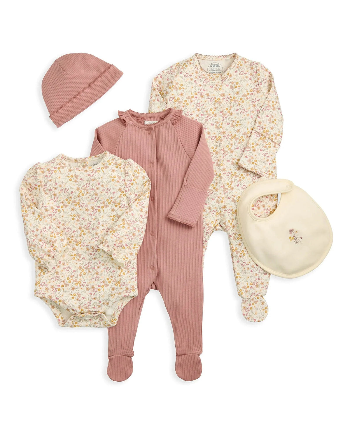 5-piece baby clothes set: floral footie, mauve outfit, pink hat, bib