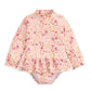 Pink floral long-sleeve swimsuit with gathered ruffle hem and round neckline