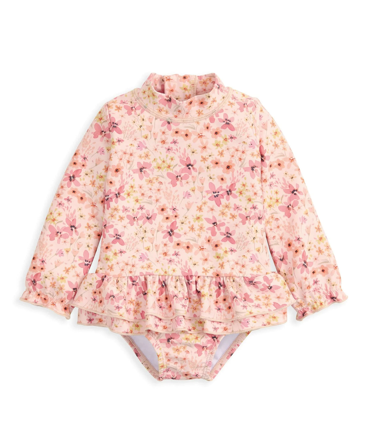 Pink floral long-sleeve swimsuit with gathered ruffle hem and round neckline